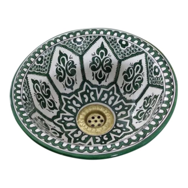 Contemporary Driss Floral Green Hand-Paint Bowl Sink Basin For Sale