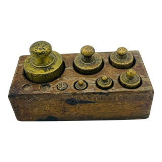 Antique Brass Scale Weights in Wooden Block For Sale