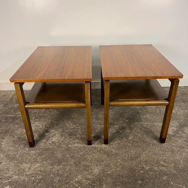 Dunbar Furniture Pair of Two Tiered Leather Wrapped Dunbar Side Tables For Sale - Image 4 of 12