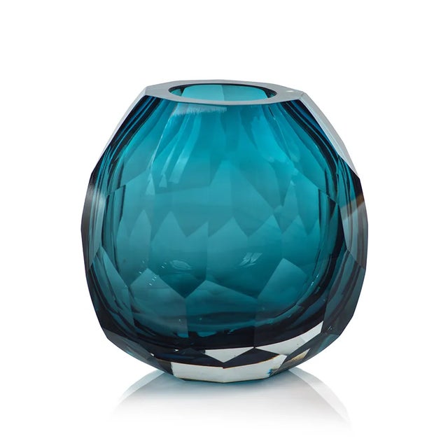 Modern Nixie Hand Cut Blue Glass Vase, 6" x 4.25" x 6" For Sale - Image 3 of 3