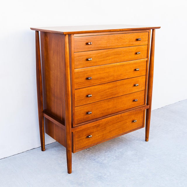 Restored 1950s Mount Airy Walnut & Brass Sculptural Mid Century Highboy Dresser, Attributed For Sale - Image 11 of 14