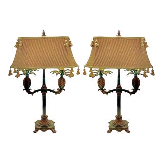 Late 20th Century Lamp Pineapple Design Large Metal Dual Bulb With Tassel Shade Vintage Decor - a Pair For Sale