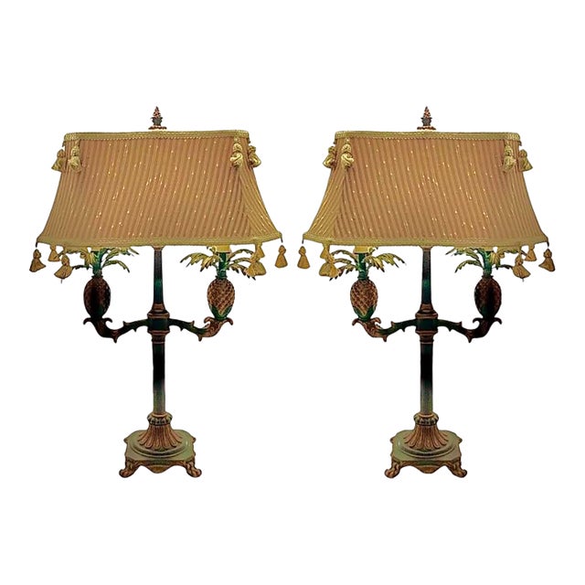 Late 20th Century Lamp Pineapple Design Large Metal Dual Bulb With Tassel Shade Vintage Decor - a Pair For Sale