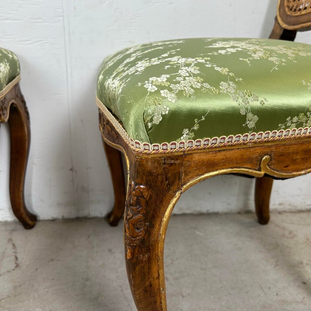 Pair French Provincial Louis XV-Style Side Chairs – Walnut & Green Upholstery For Sale - Image 12 of 12