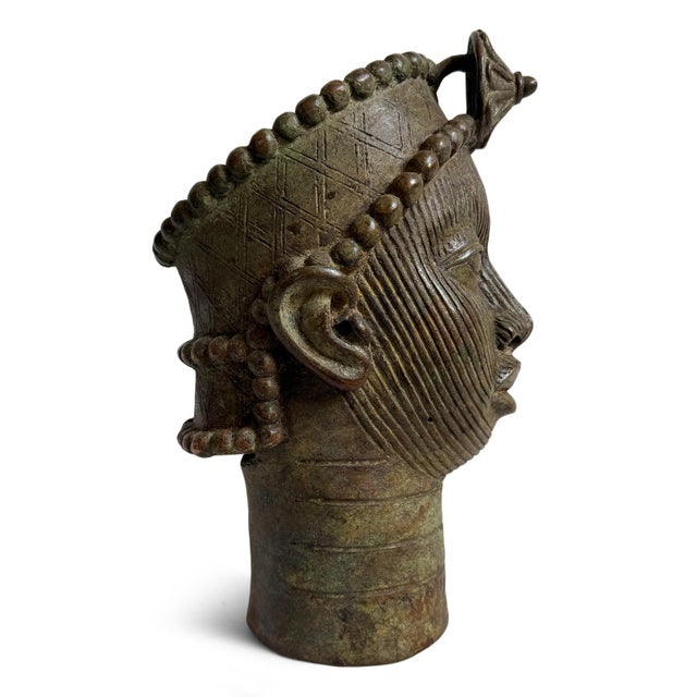 Tribal Antique African Old Bronze Nigeria Edo Ife Head Sculpture For Sale - Image 3 of 10