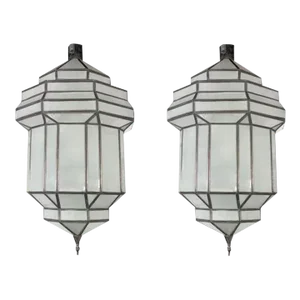 Art Deco Style White Milk Glass Handmade Chandelier, Pendant, Lantern, a Pair