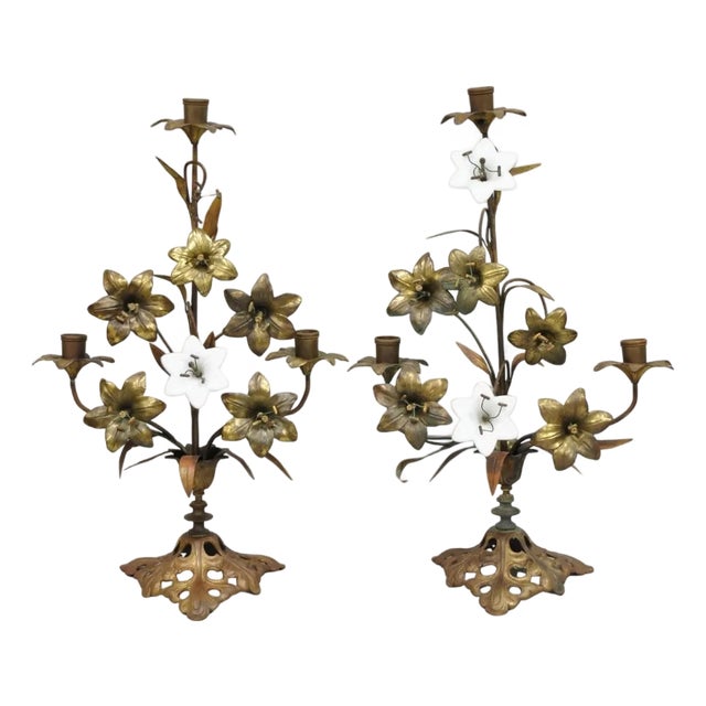Antique French Baroque Gold Gilt Bronze Altar Church Candlestick Candelabra Pair For Sale