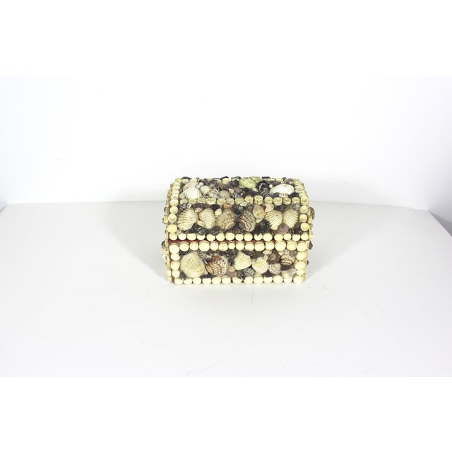 Vintage humpback box covered in shells and fish vertebrae. The lid is hinged and it has a removable jewelry tray inside,...
