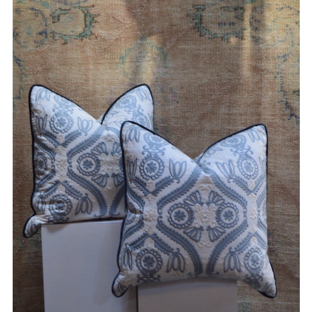 Shabby Chic New Blue and White Embroidered Damask Throw Pillows 22in. X 22in. - a Pair For Sale - Image 3 of 4