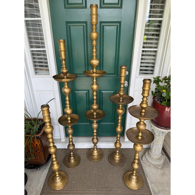 Moroccan Vintage 1960s Moroccan Etched Brass Pillar Altar Floor Candle Stands = 5 Altars (35 Pieces) For Sale - Image 3 of 15