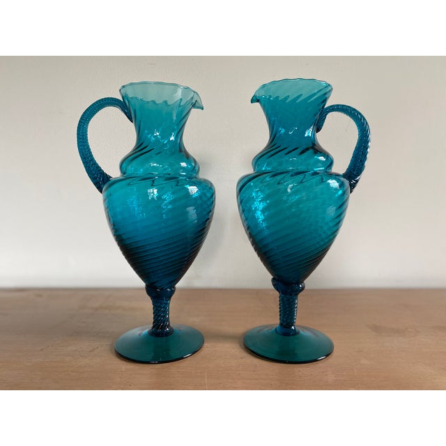Mid-Century Blue Empoli Glass Ewers - a Pair For Sale - Image 10 of 10