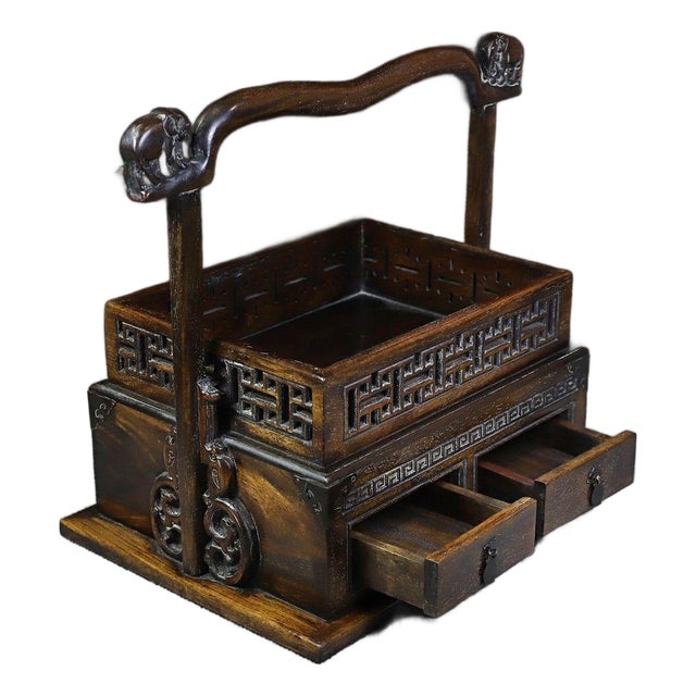 Vintage Chinese Huali Rosewood Carved "Elephant" Handled Picnic Box / Tea Caddy For Sale
