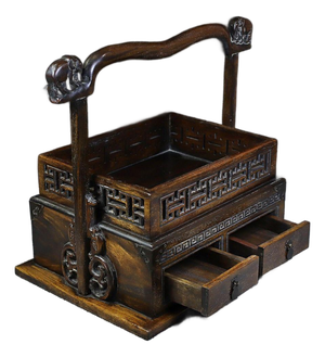 Vintage Chinese Huali Rosewood Carved "Elephant" Handled Picnic Box / Tea Caddy