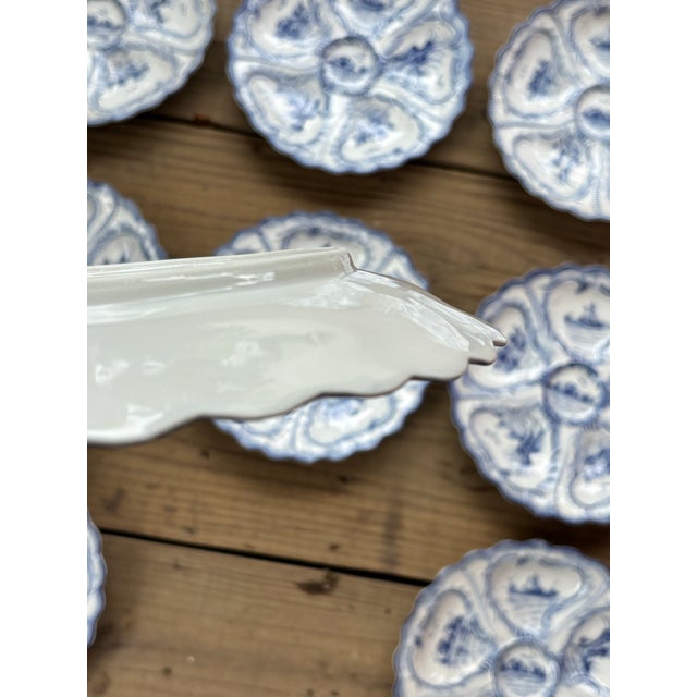 Ceramic 1950s Hand-Painted Weimar Germany Blue & White Oyster Plates | Complete Matched Grandmillenial Collection - Set of 12 For Sale - Image 7 of 12