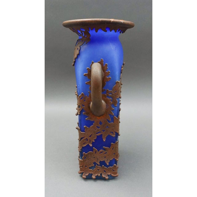 Mid-Century Modern Mid 20th Century Anca Podaru Ama Romanian Copper Overlay Handled Art Glass Nouveau Vase For Sale - Image 3 of 9