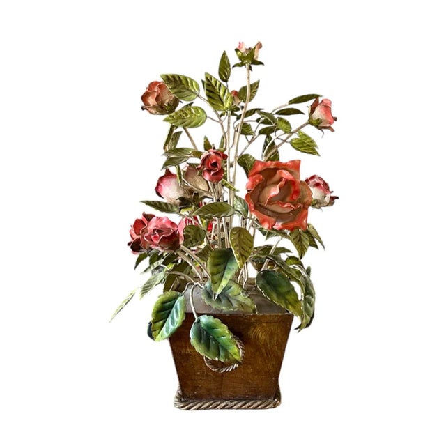 Vintage Large Italian Tole Potted Rose Bouquet Flower / Floral Arrangement Sculpture in Gilt Pot For Sale In Dallas - Image 6 of 10