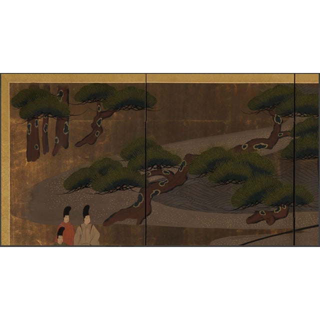 Japanese four-paneled folding screen painting depicting seven figures in a tree-filled landscape with a large, ornate...