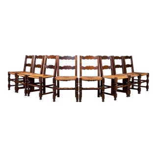 Antique Country French Farmhouse Ladder Back Oak Dining Chairs W/ Rush Seats - Set of 8 For Sale
