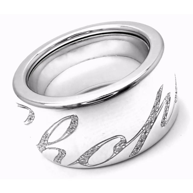 Metal Chopard Chopardissimo 18k White Gold Diamond Signature Band Ring Size 6 Cert For Sale - Image 7 of 9