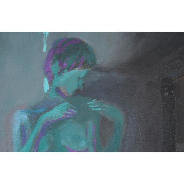 Saturated, intimate depiction of a bedroom interior by Narcissus Robert Quagliata (Italian-American, b. 1942). Likely...