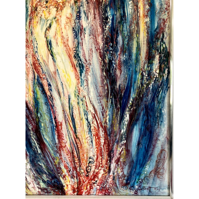 Textile Abstract 1973 Painting, “Mystic Fires,” Signed by Swift For Sale - Image 7 of 13