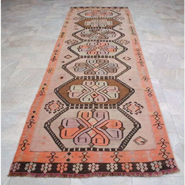Vintage Turkish Handmade Kilim Runner Rug Organic Woll Tribal Design Primitive Rug - 3′5″ × 12′8″ For Sale - Image 13 of 16