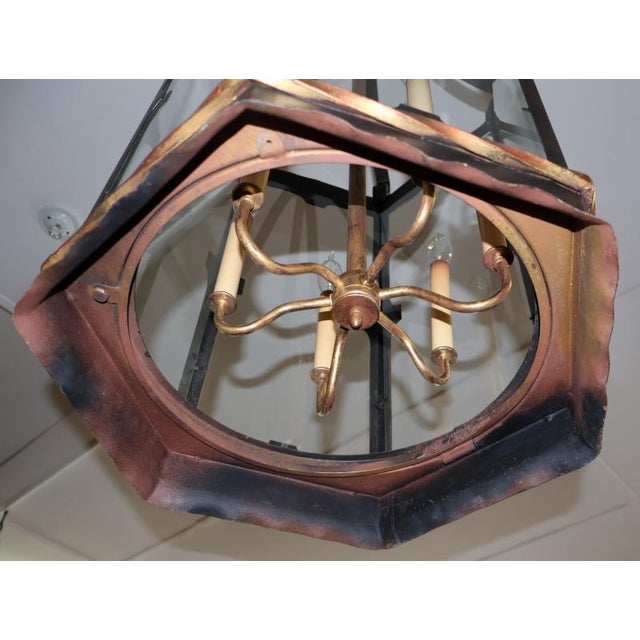 1990s Large 6 Light Regency Style Wrought Iron Black & Gold Chandelier Lantern For Sale - Image 10 of 10