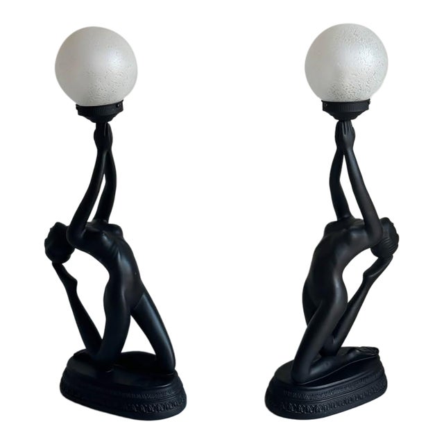 1980s Pair of Neo-Art Deco Nude Lady Figurine Lamps From the For Sale