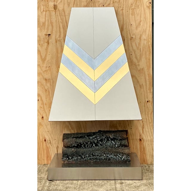 Wood Vintage Boho Chevron Brass and Chrome Faux Fireplace For Sale - Image 7 of 10