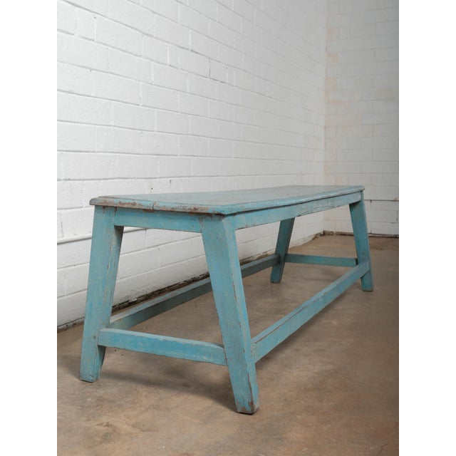 Vintage Blue Painted Rustic Farmhouse Wooden Bench For Sale - Image 4 of 5
