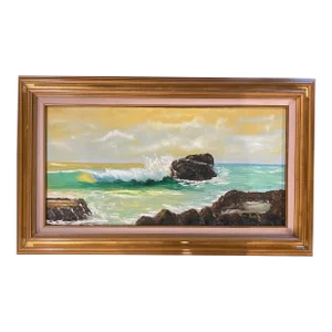 Mid 20th Century "Ocean Breaking Against Rocks" Original Oil Painting Signed Tam Dubin, Framed