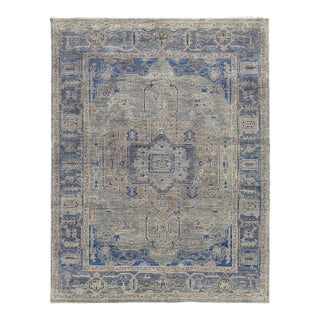 Modern Hand-Knotted Oushak Style Area Rug in Slate Grey & Cobalt Blue Wool 9x12 For Sale