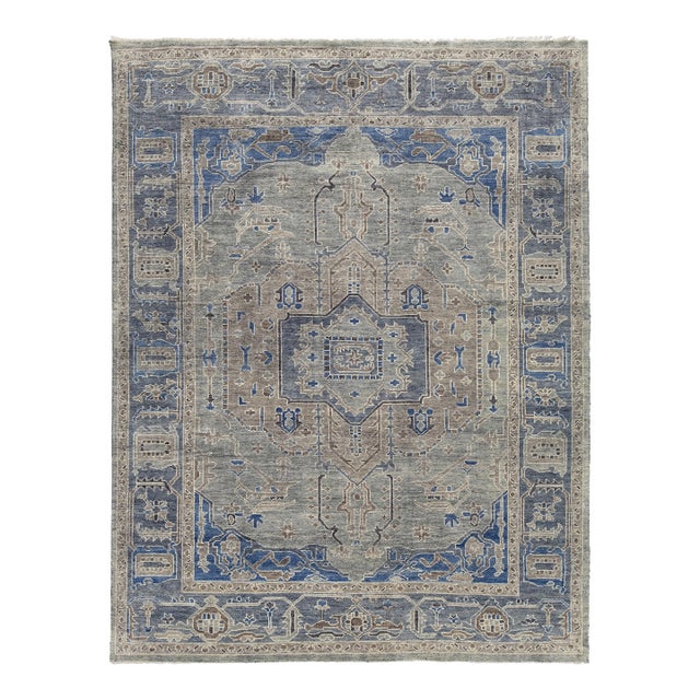 Modern Hand-Knotted Oushak Style Area Rug in Slate Grey & Cobalt Blue Wool 9x12 For Sale