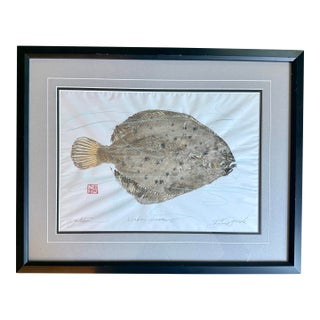 Vintage Original Gyotaku Fish Print “Windowpane” by David J. Denick | Framed Coastal Fishing Art, Signed For Sale