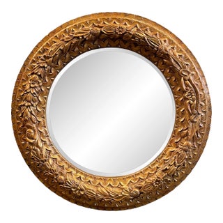 1960s Vintage Hand-Carved Giltwood Round Mirror With Floral Relief For Sale