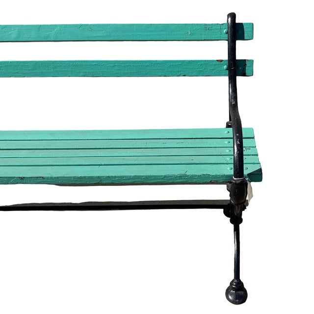 Late 19th Century Edwardian Cast Iron & Green Painted Wooden Loop Park Bench With X Legs, Pair For Sale - Image 9 of 9