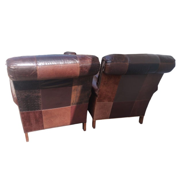 1980s Stunning 3-Piece Seating Set: Paul Robert Patchwork Leather Club Chairs & Pottery Barn Ottoman For Sale - Image 11 of 12