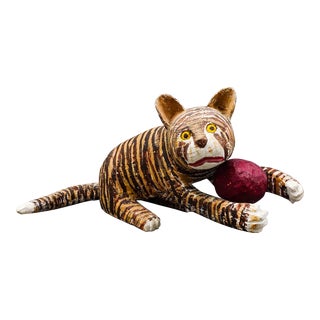 Mid 20th Century Saturnino Portuound (Pucho) Odio, Cat With Ball Wood Sculpture For Sale