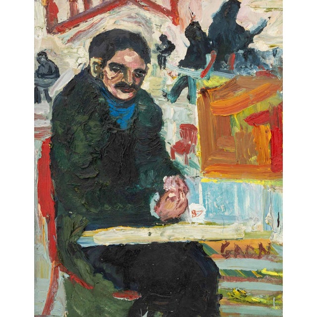 Simon Gaon (American, b. 1943), Expressionist Figural Scene of a Seated Man, Oil on Panel, signed lower right, ebonized...