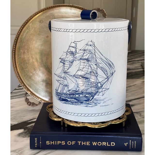 Presenting a late mid-century nautical / maritime motif ice bucket in traditional colors depicting an image of "Old...