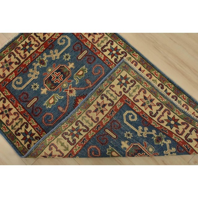 Kazak Rug 2’9” X 4’2” Blue Wool Tribal Hand-Knotted Oriental Carpet For Sale - Image 9 of 10