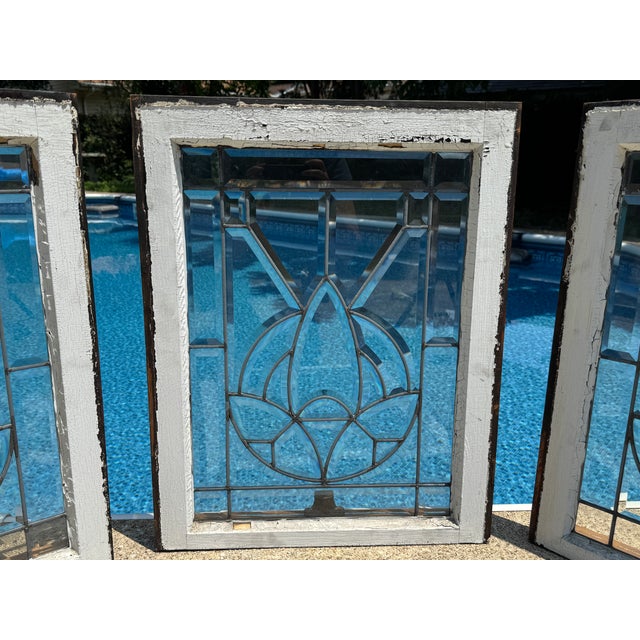 5-Piece Art Deco Beveled Leaded Glass Window Set Matching Transom & 4 Sidelights For Sale - Image 16 of 18