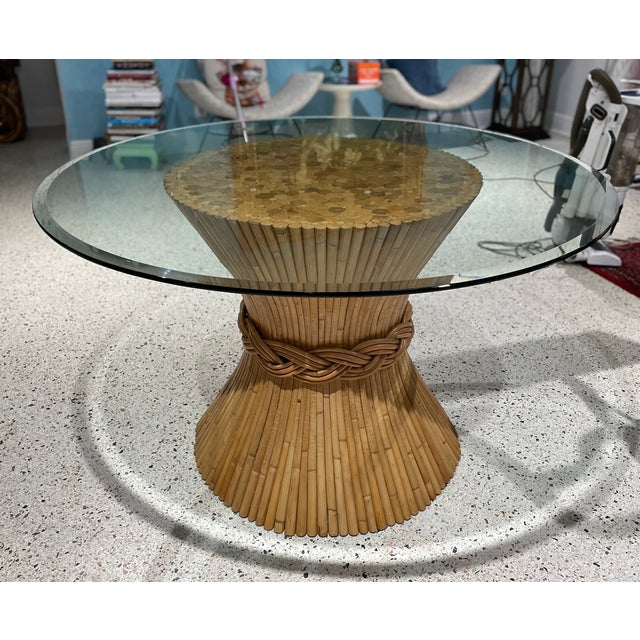 1960s 1960s Round Rattan Dining Table With Glass Top – Attributed to McGuire Furniture For Sale - Image 5 of 9