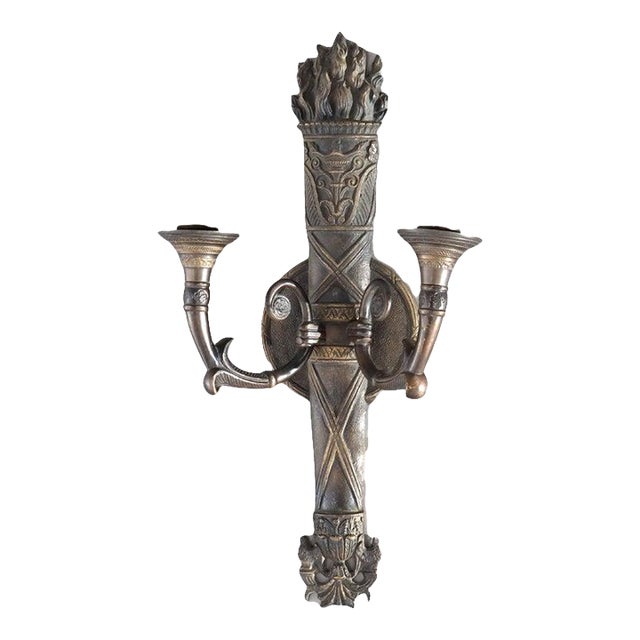 Antique Bronze Classical Torch Form Two-Light Wall Sconce, Circa 1920 For Sale