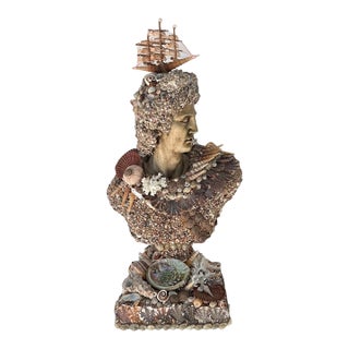 Coastal Regency Shell Encrusted Grotto Male Bust Statue For Sale