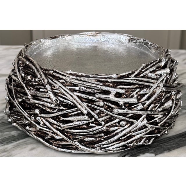 Presenting a vintage bird nest motif large candle holder base or plinth by designer Harry Slatkin. In a silver finish with...