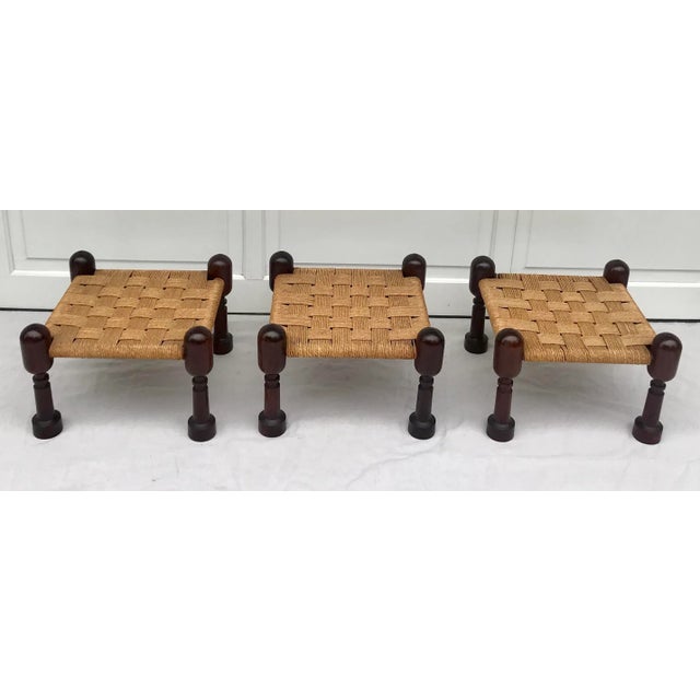 Vintage Woven Jute and Mahogany Stools - Set of 3 For Sale - Image 12 of 12