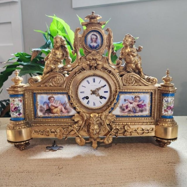 19th C. French Lévy Frères Napoleon III Gilt Bronze & Porcelain Mantel Clock For Sale - Image 6 of 15