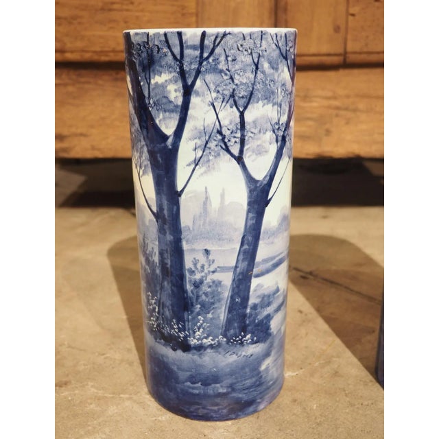 Pair of Early 1900’s Cobalt Blue and White Cylinder Form Vases From Holland For Sale - Image 11 of 13