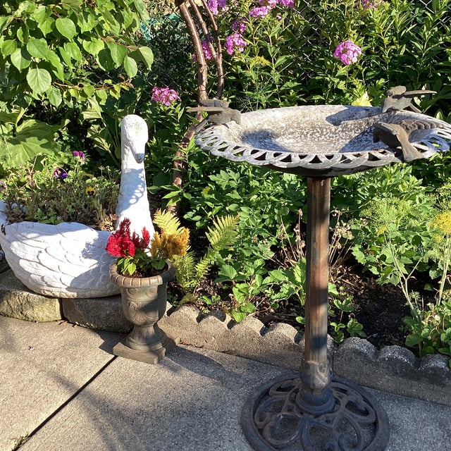 Metal Vintage Bird Bath Aluminum With Iron Filigree Base and Perching Bird Sculpture For Sale - Image 7 of 12